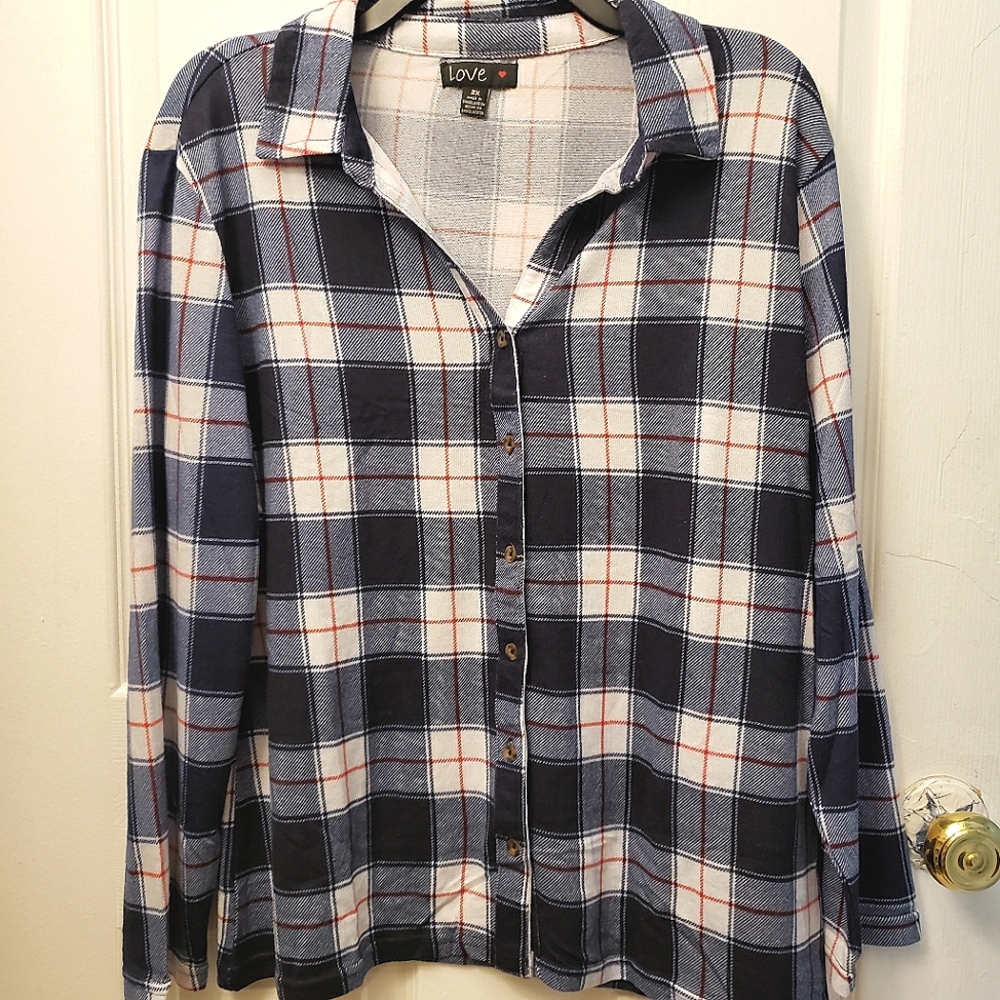 Plus Size 2X Blue White Plaid Button Front Collar Shirt New